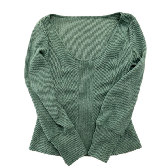 Long Sleeve U-Shaped Neck Green Textured Pattern Shirt Women’s Top Size M - Picture 4 of 10